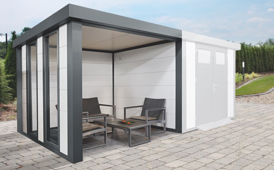 Metall-Gartenhaus der Serie Eleganto in weiß und anthrazit mit Loungebereich | HolzLand Beese, Unna Metall-Gartenhaus der Serie Eleganto in weiß und anthrazit mit Loungebereich | HolzLand Beese, Unna