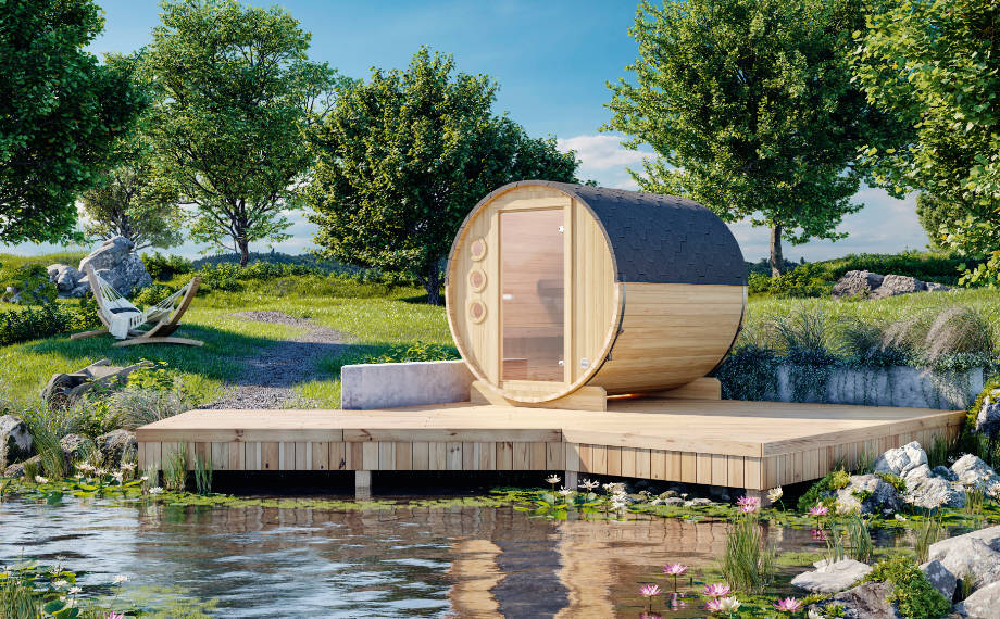 Fasssauna Sall 2116, Bausatz, mit Glastür, am Teich, HolzLand Beese Unna