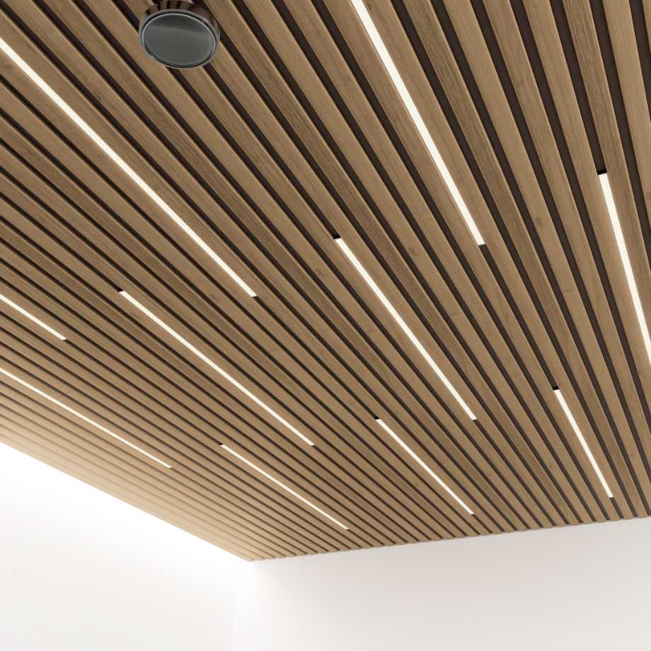 Akustikpaneele aus Holz mit LEDs an Decke | HolzLand Beese in Unna Akustikpaneele aus Holz mit LEDs an Decke | HolzLand Beese in Unna