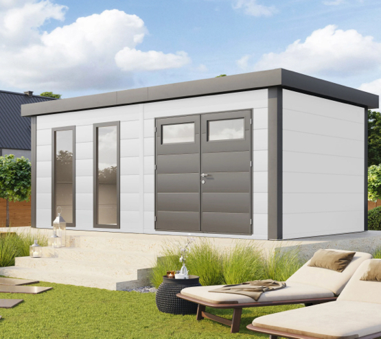 Modernes Gartenhaus aus Metall in grau | HolzLand Beese in Unna Modernes Gartenhaus aus Metall in grau | HolzLand Beese in Unna