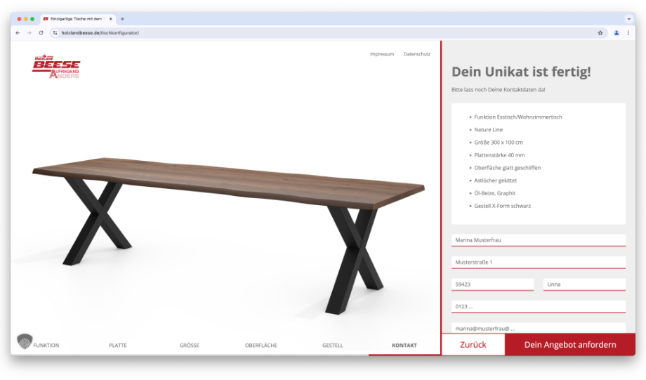 Tischkonfigurator mit Angebotsanforderung | HolzLand Beese in Unna