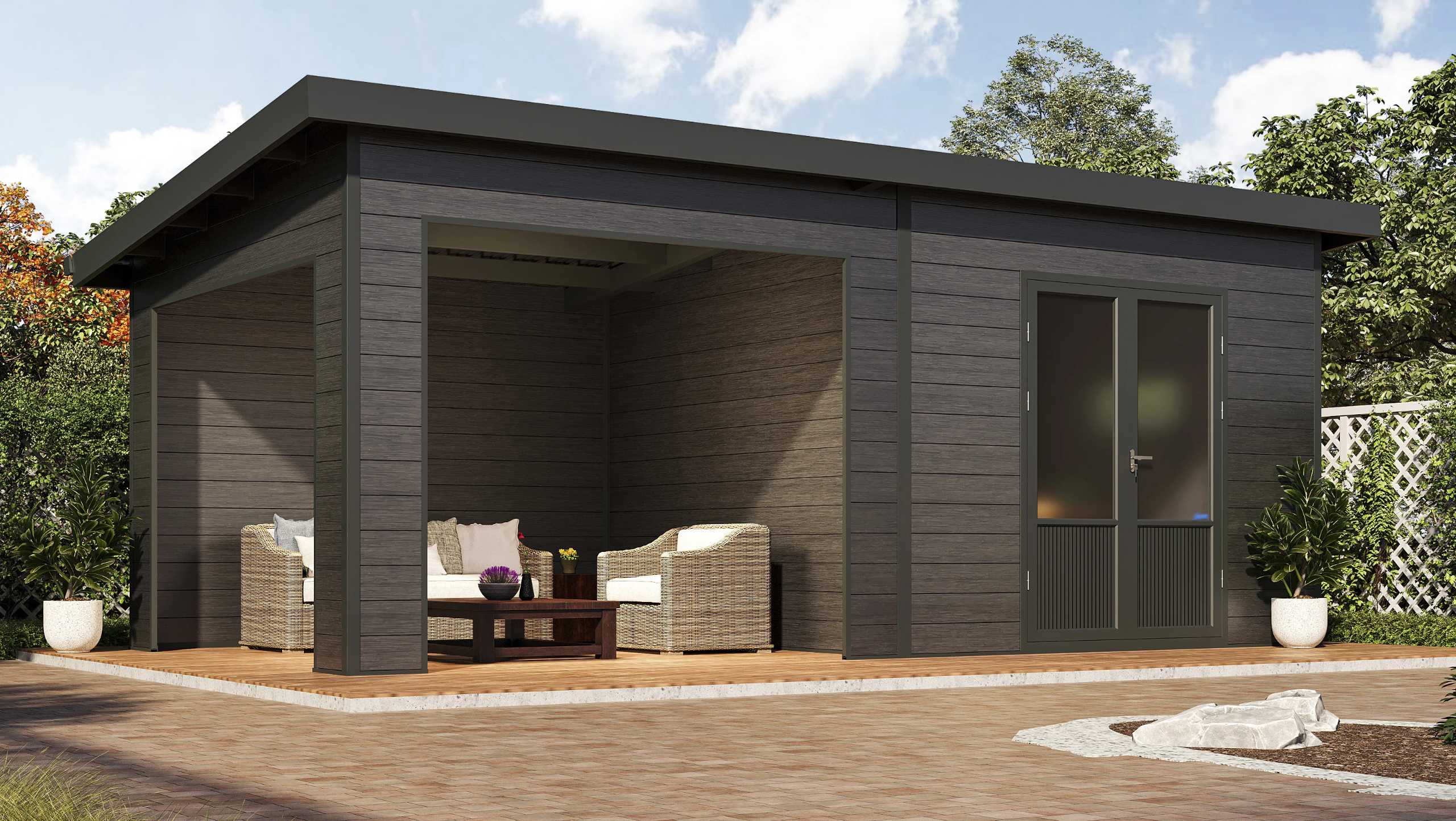 Großes WPC-Gartenhaus mit Lounge und Doppeltür | Gartenhäuser | HolzLand Beese Unna