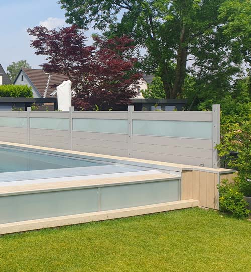 WPC-Poolverkleidung | Referenzprojekt WPC-Terrassendielen in heller Holzoptik | HolzLand Beese in Unna