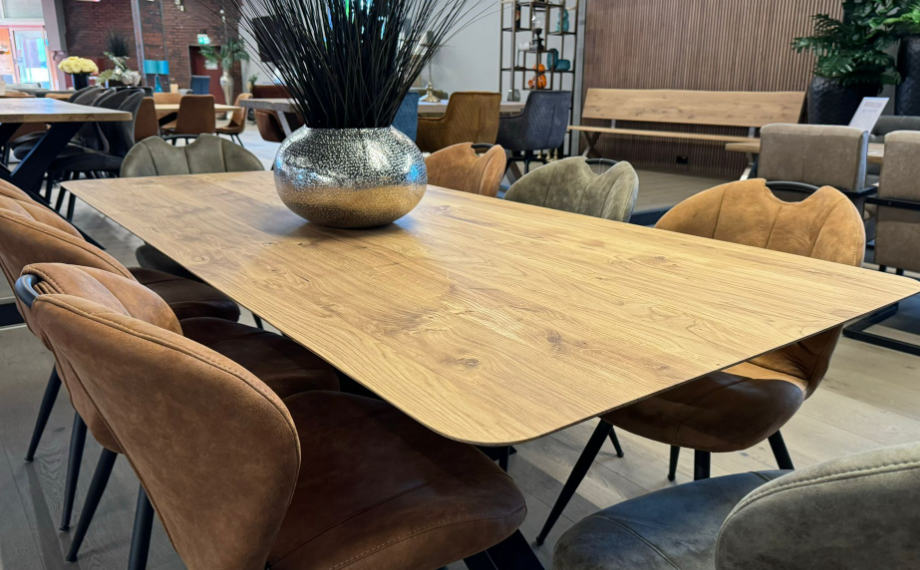 Design-Stühle Donau, Tischplatte mit Schweizer Kante, HolzLand Beese