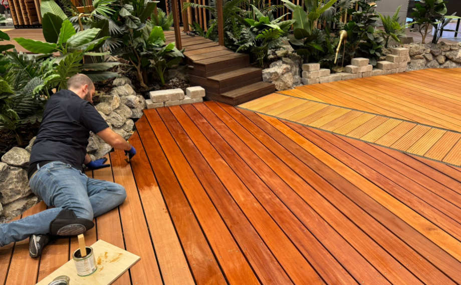 Tobias Brinkmann ölt Terrassendielen aus Afrikulu, HolzLand Beese Unna